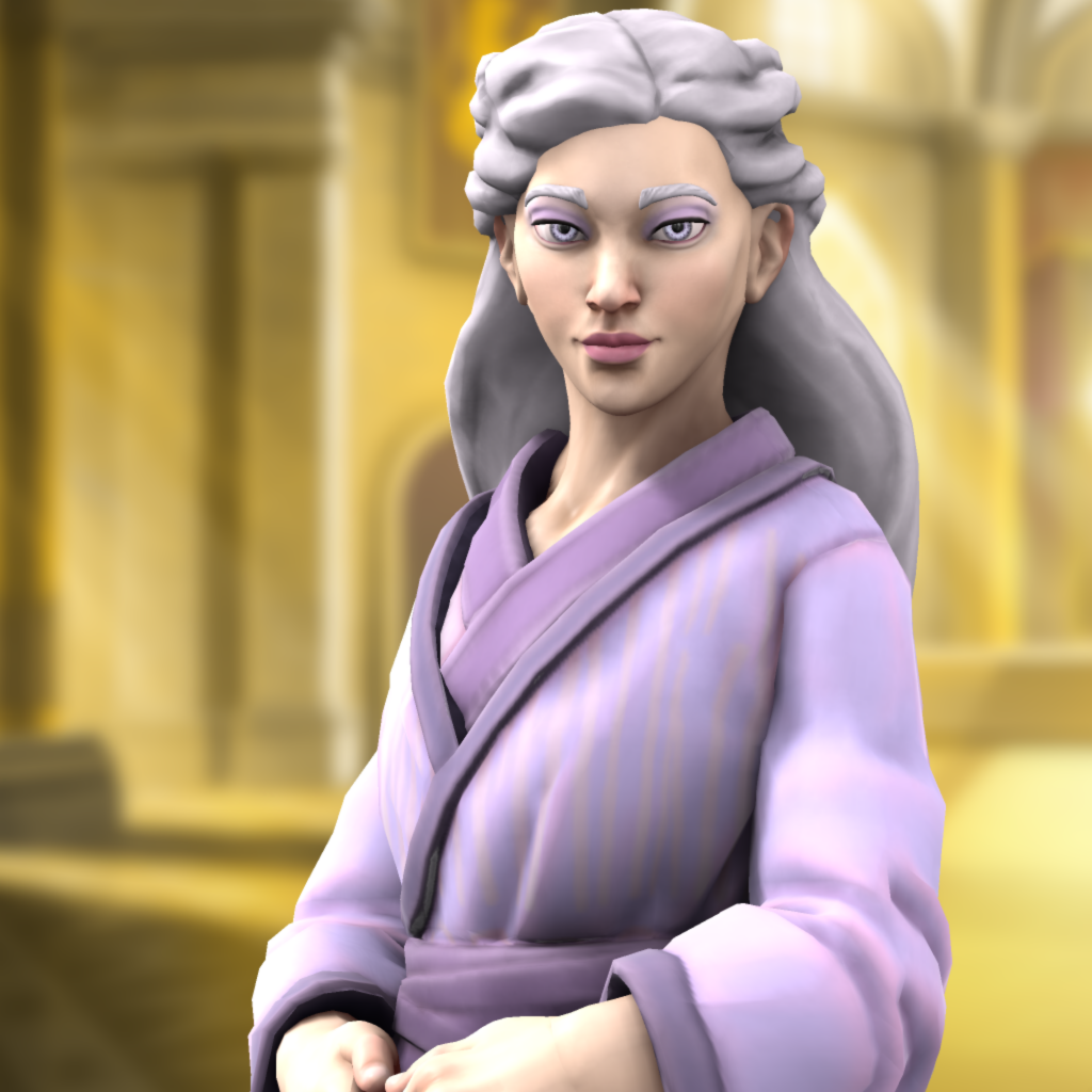 Sagome, a woman with intricately styled white hair attired in lavender colours.